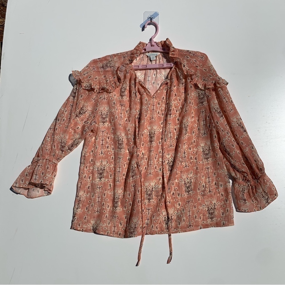 SUNDANCE RUFFLES PEASANT PINK BOHO TASSEL TIE TUNIC SHEER BLOUSE TOP SIZE S